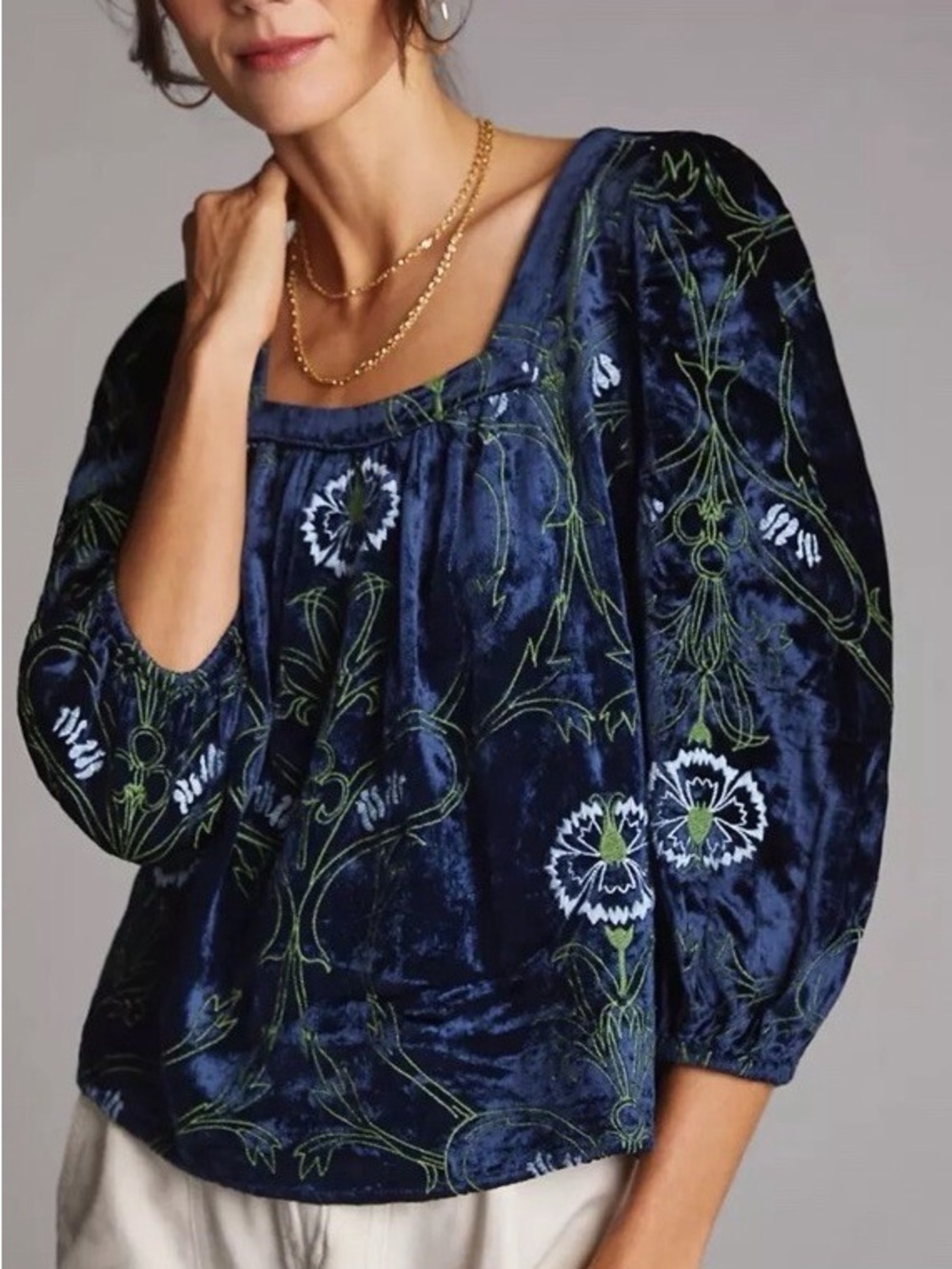 Anthropologie Navy Velvet Embroidered Peasant Blouse